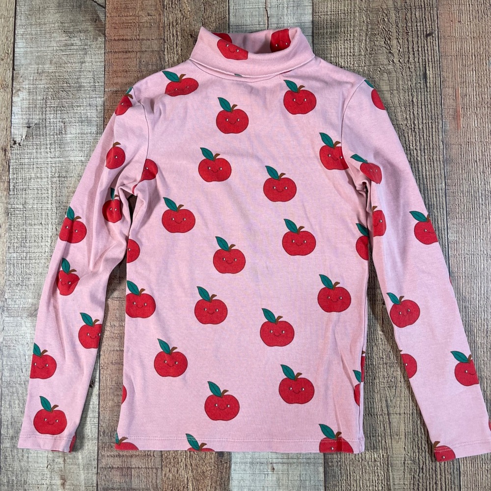 Mini Boden Girls 9-10 Super Soft Roll Neck Top Almond Pink Apples Turtleneck